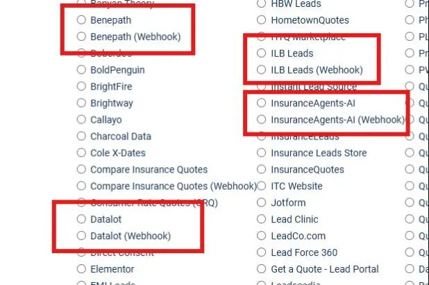 AgencyZoom web-lead setup listing lead sources by name, with webhook options for Benepath, Datalot and ILB Leads