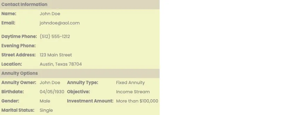 InsuranceLeads.com sample annuity lead showing the fields it includes