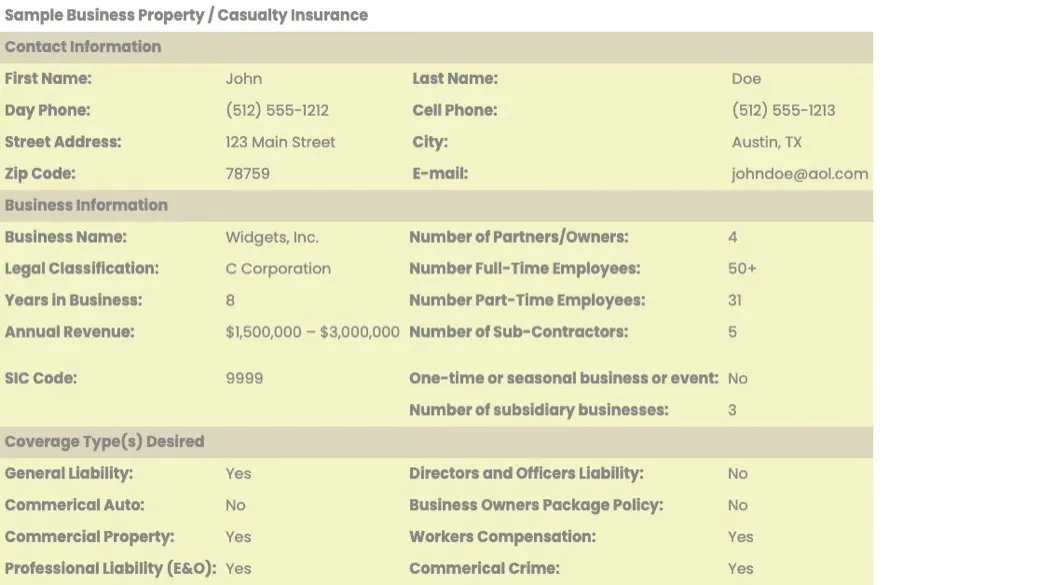 InsuranceLeads.com sample business property and casualty lead showing the fields it includes