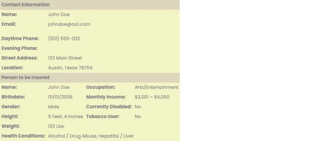 InsuranceLeads.com sample disability lead showing the fields it includes