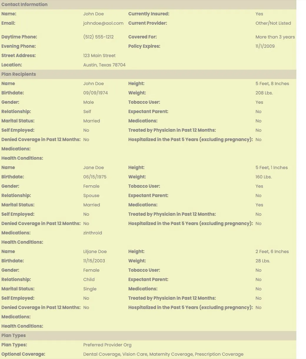 InsuranceLeads.com sample health lead showing the fields it includes