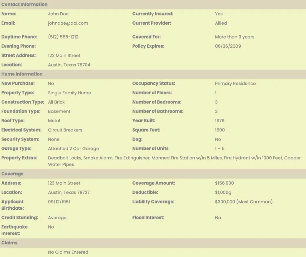 InsuranceLeads.com sample home lead showing the fields it includes