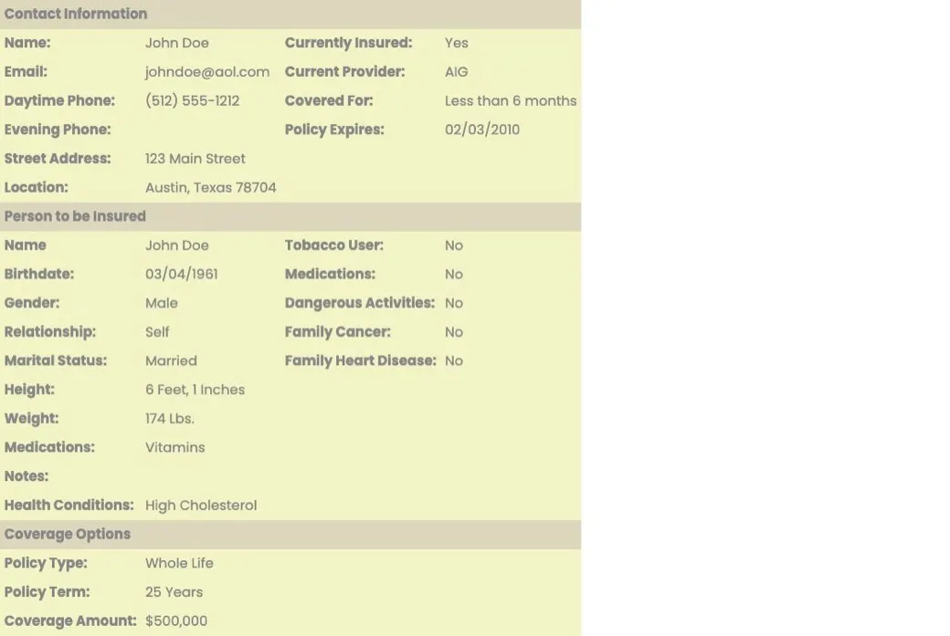 InsuranceLeads.com sample life lead showing the fields it includes