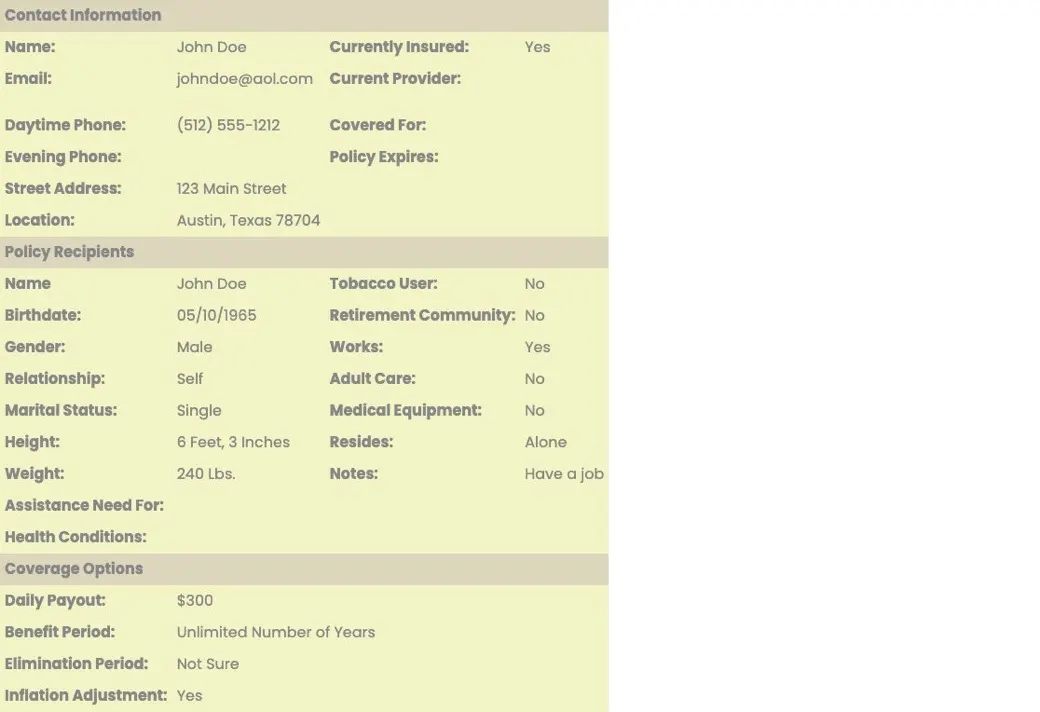 InsuranceLeads.com sample long-term care lead showing the fields it includes