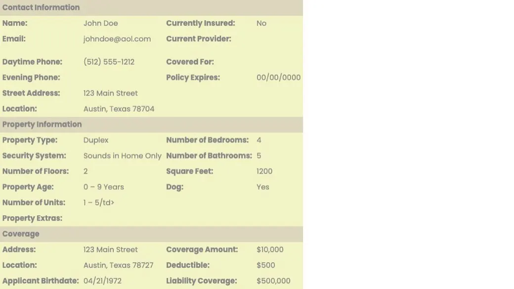 InsuranceLeads.com sample renters lead showing the fields it includes