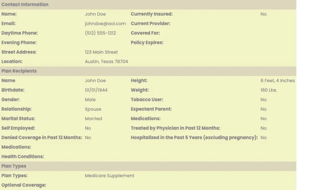 InsuranceLeads.com sample senior health lead showing the fields it includes