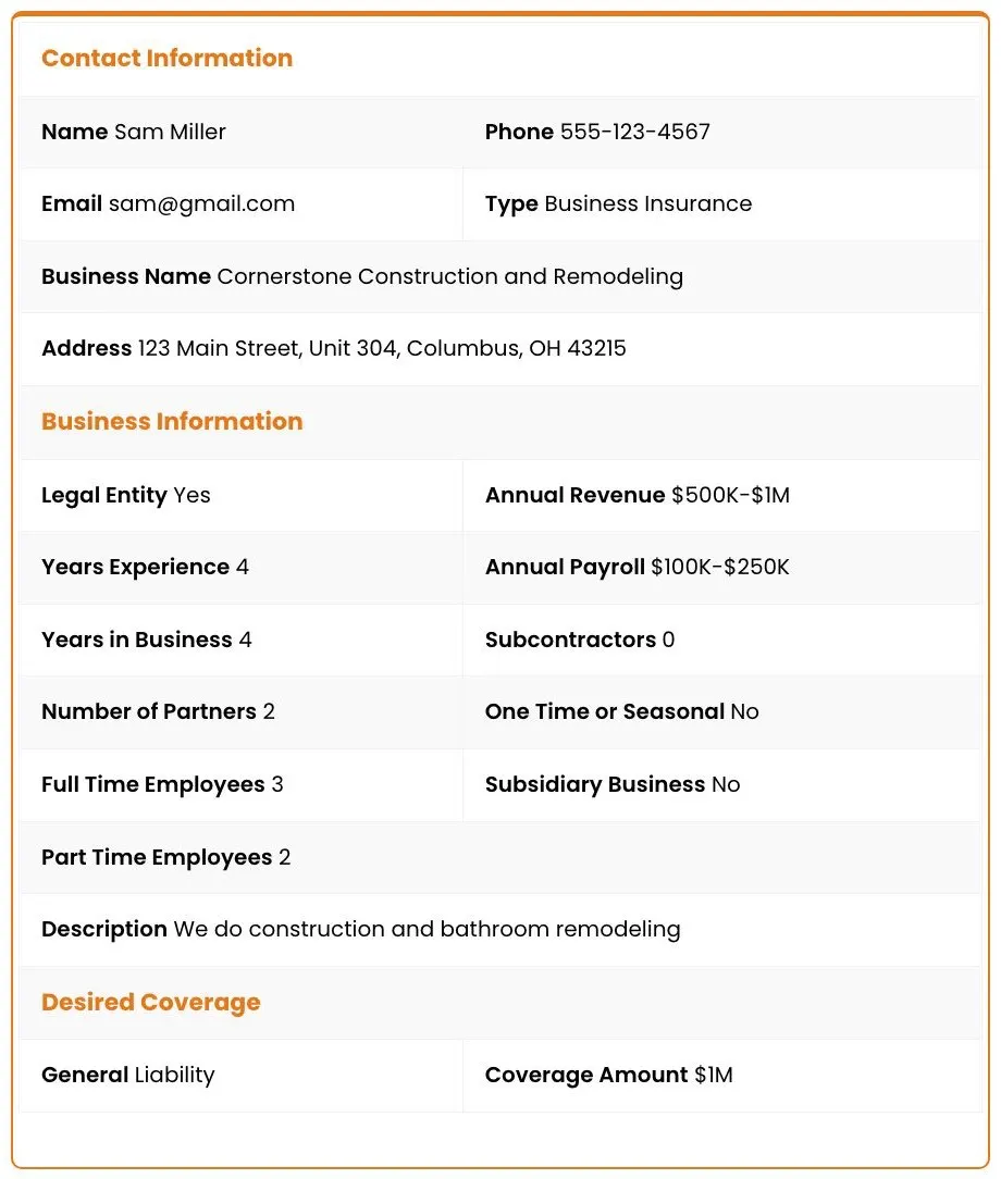 Benepath sample commercial lead showing contact and business details