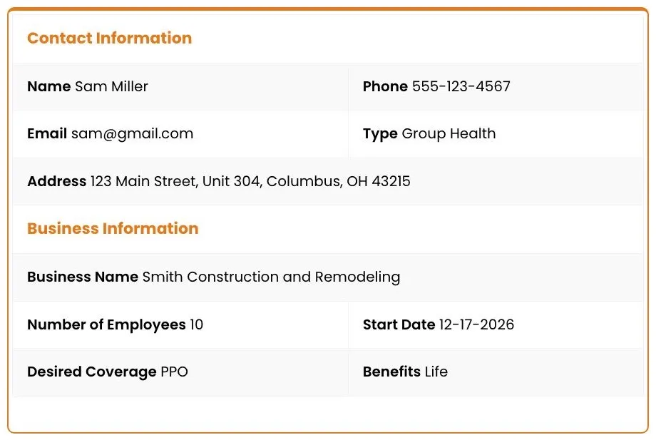 Benepath sample group health lead showing contact and business details