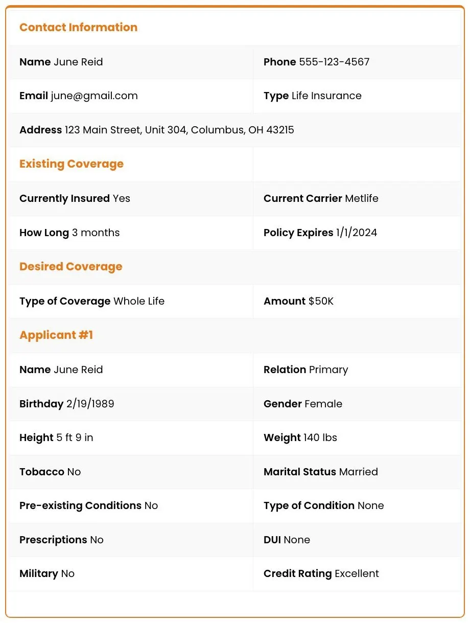 Benepath sample life lead showing contact, coverage and applicant details