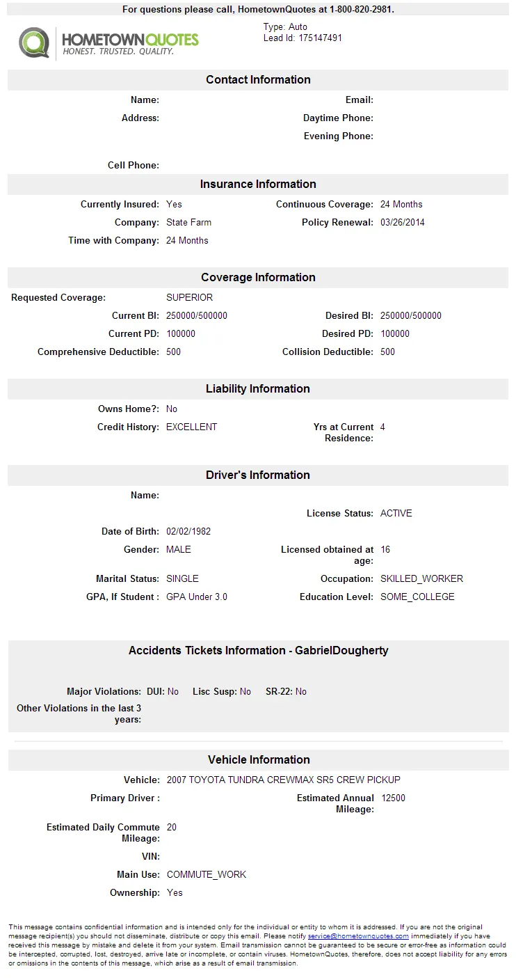 Hometown Quotes sample auto lead showing insurance, driver, violation and vehicle details