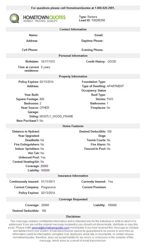 Hometown Quotes sample renters lead showing personal, property, insurance and coverage details