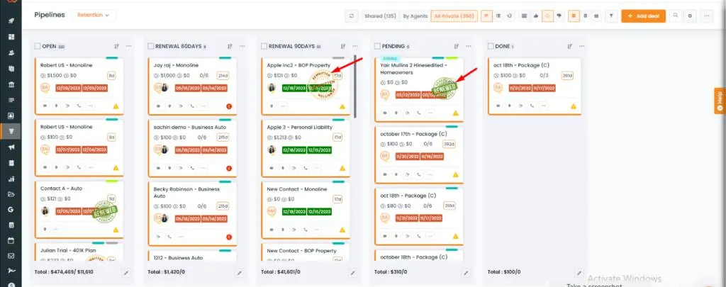 InsuredMine retention pipeline with renewal stages of policy cards from open to done