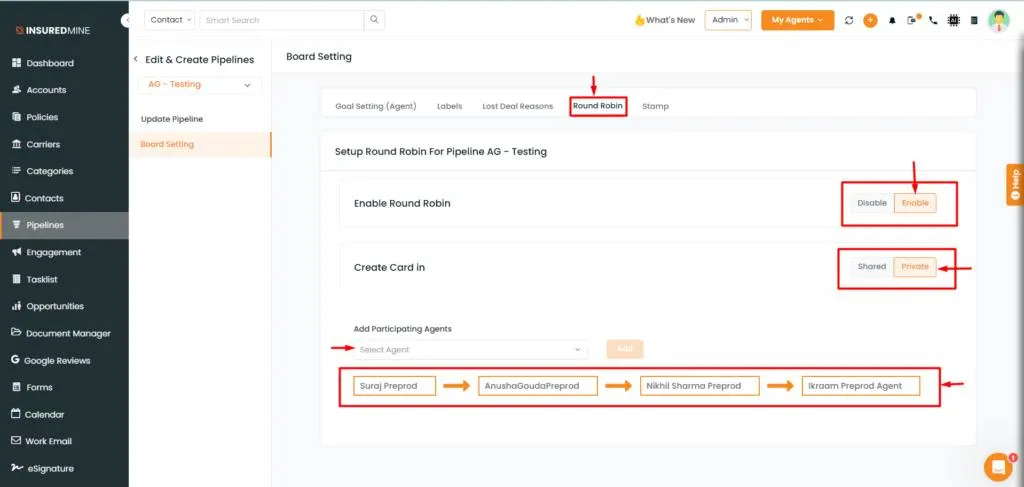 InsuredMine pipeline board settings with round robin turned on and four agents set in rotation order