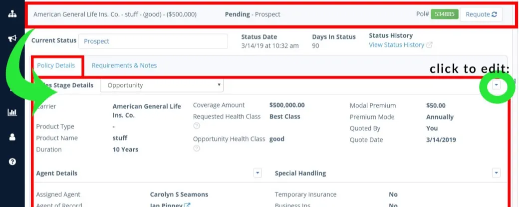 Insureio policy screen with carrier, coverage amount, premium, health class, current status and days in status
