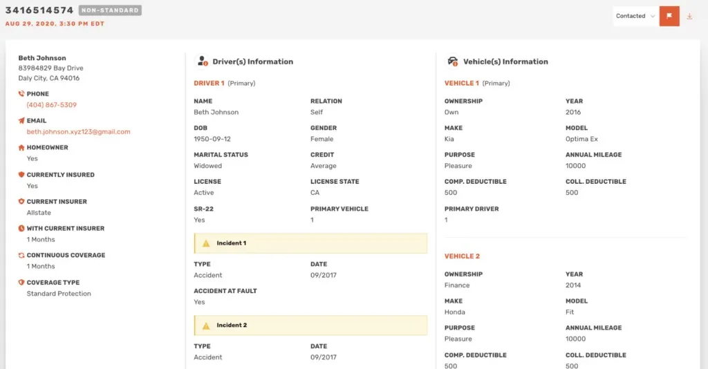 MediaAlpha sample auto lead showing the shopper, driver and vehicle details