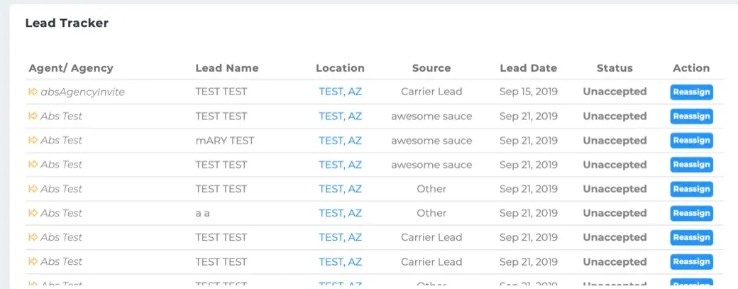 MedicarePRO agency Lead Tracker listing each lead with its agent, source, date, status and a Reassign button