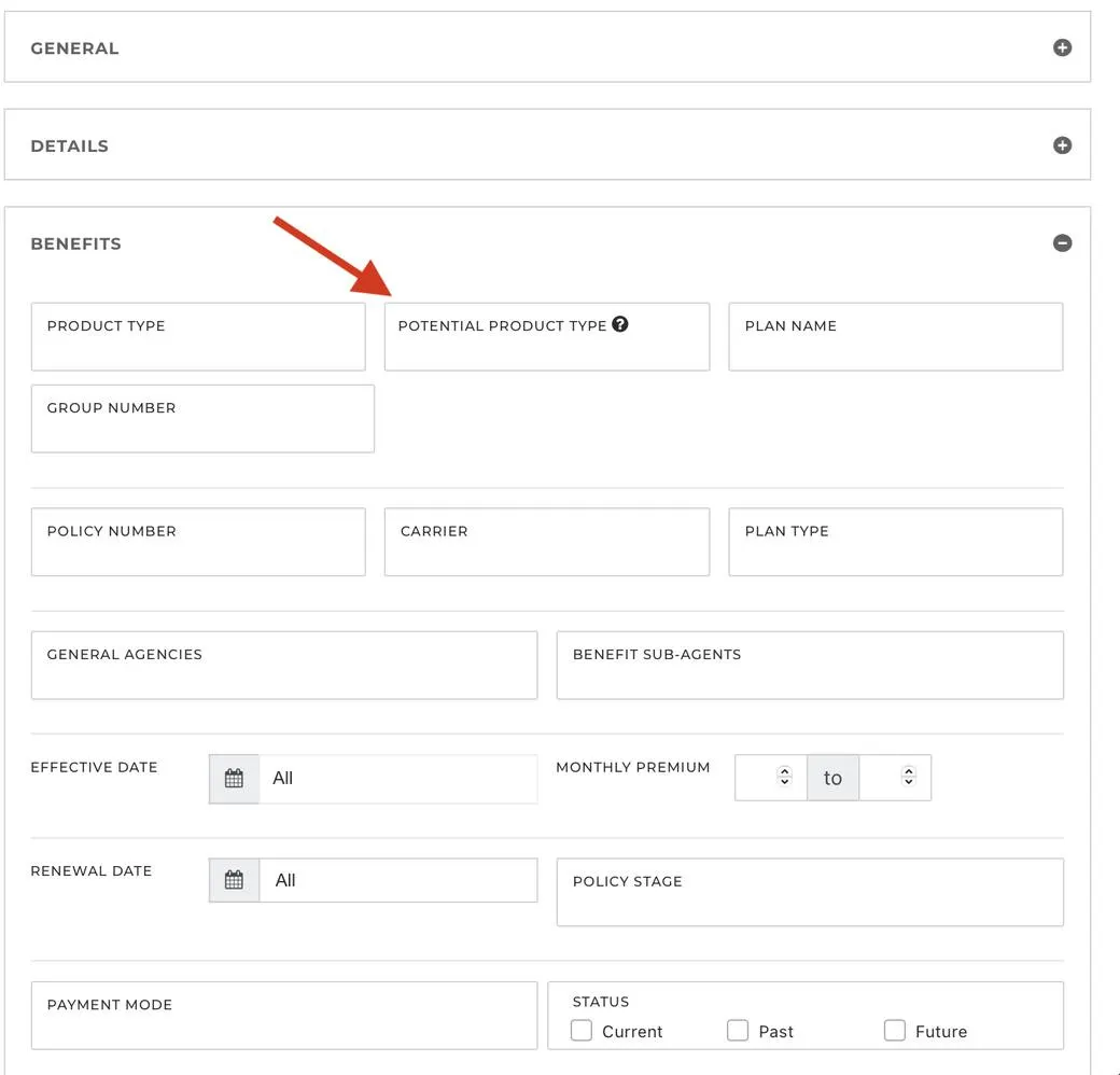 NextAgency case filter with the Potential Product Type field among benefit, carrier, renewal date and policy stage filters
