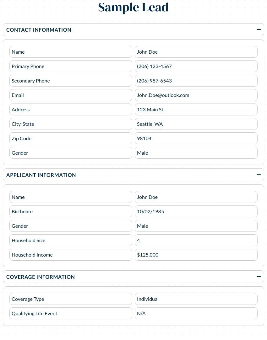 QuoteWizard sample health lead showing contact and applicant details