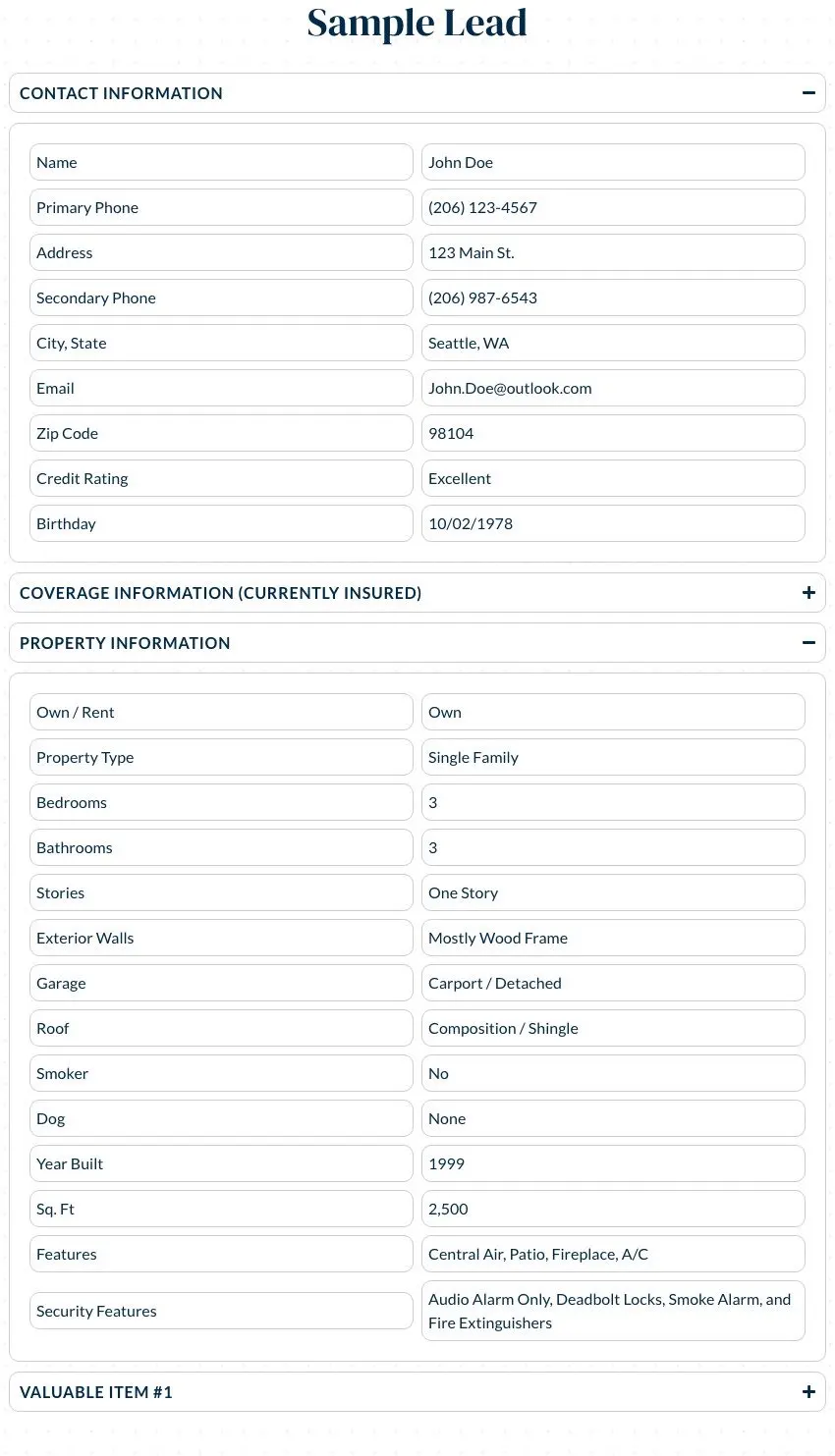 QuoteWizard sample home lead showing contact, coverage and property details