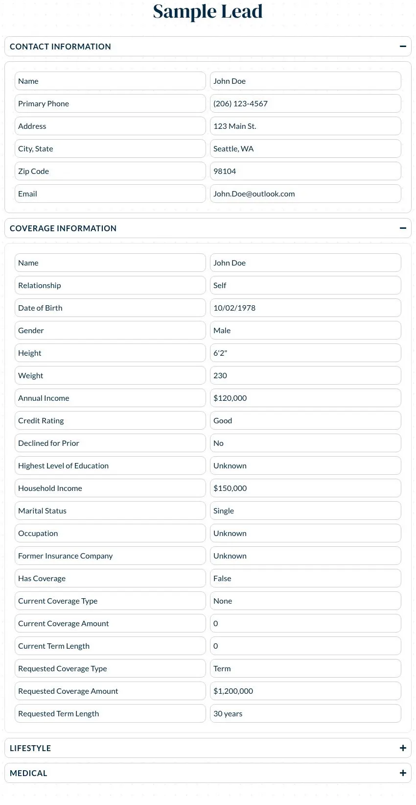 QuoteWizard sample life lead showing applicant, coverage, lifestyle and medical details