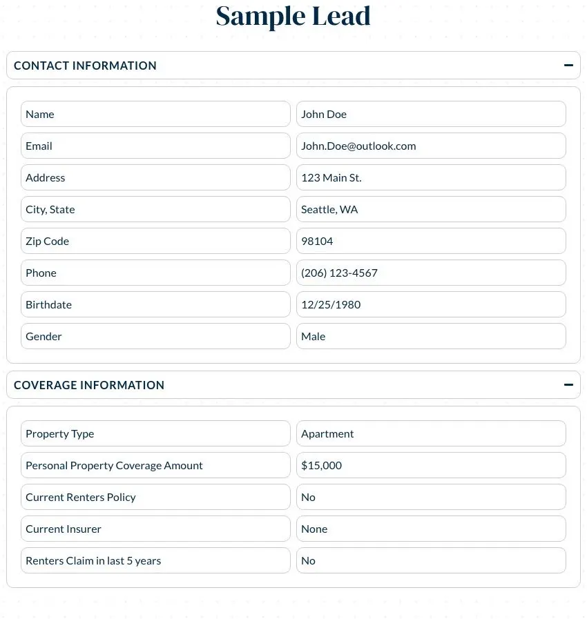 QuoteWizard sample renters lead showing contact and coverage details