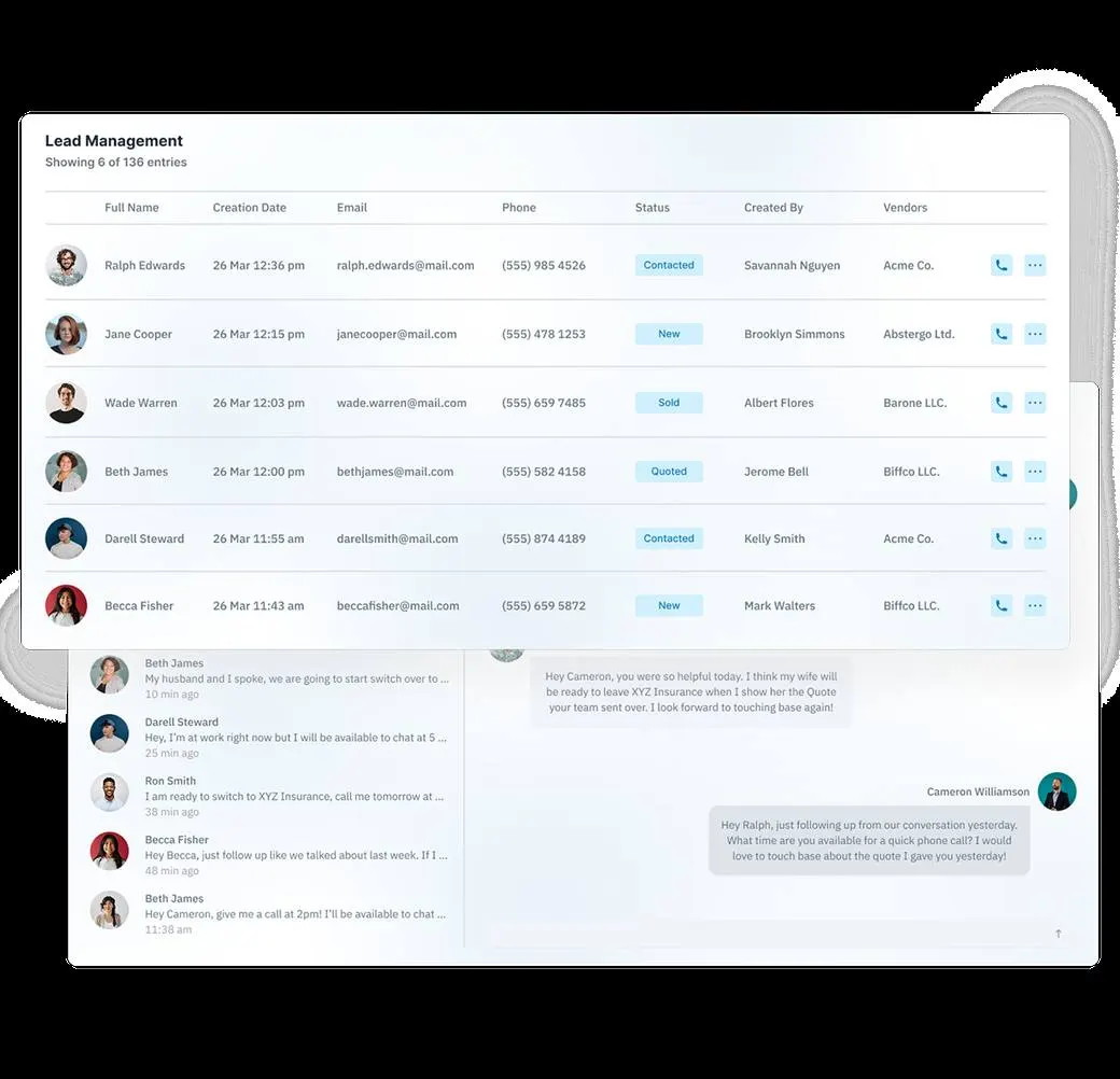 Ricochet360 lead management list showing each lead with its status, creator and lead vendor
