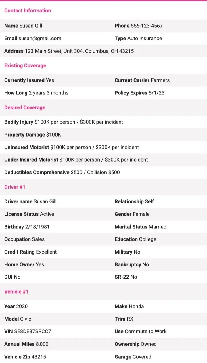 SmartFinancial's sample auto lead, showing the fields it includes