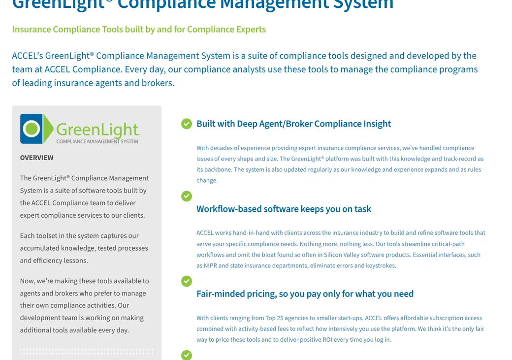 Screenshot of ACCEL GreenLight's product page at accelcompliance.com