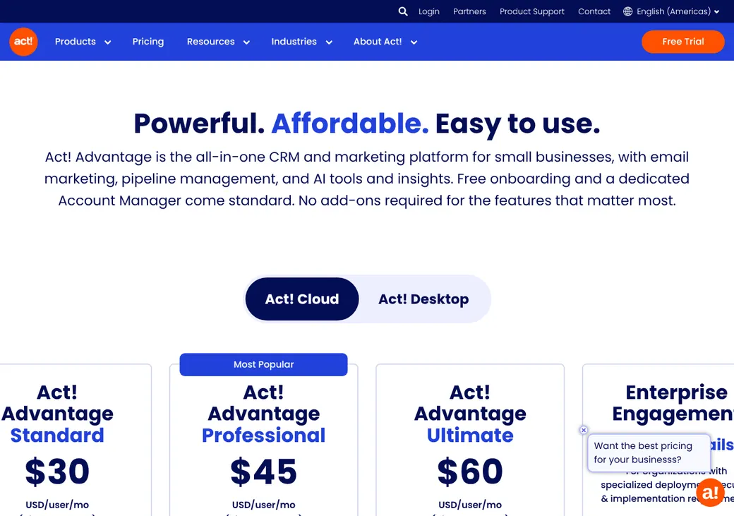 Screenshot of Act!'s pricing page at act.com