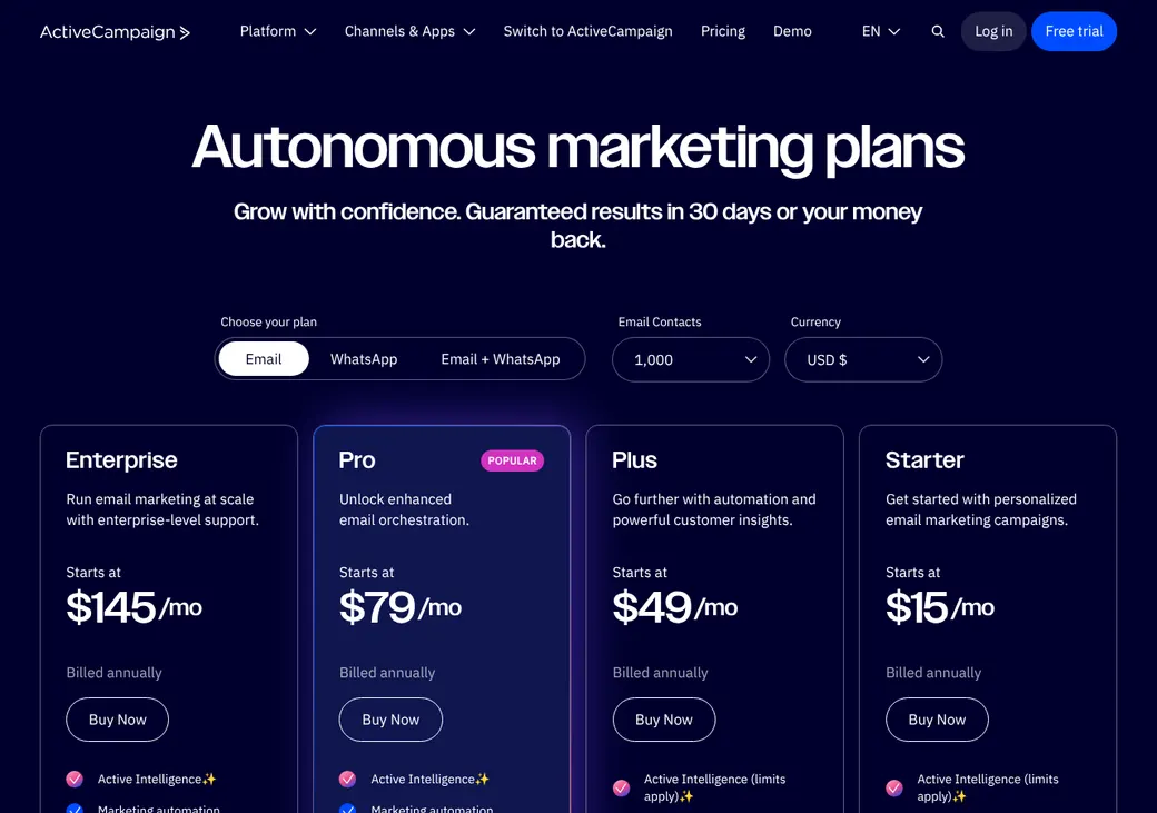 Screenshot of ActiveCampaign Email Marketing's pricing page at activecampaign.com