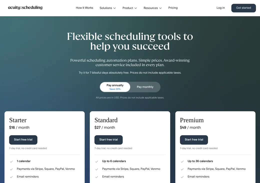 Screenshot of Acuity Scheduling's pricing page at acuityscheduling.com