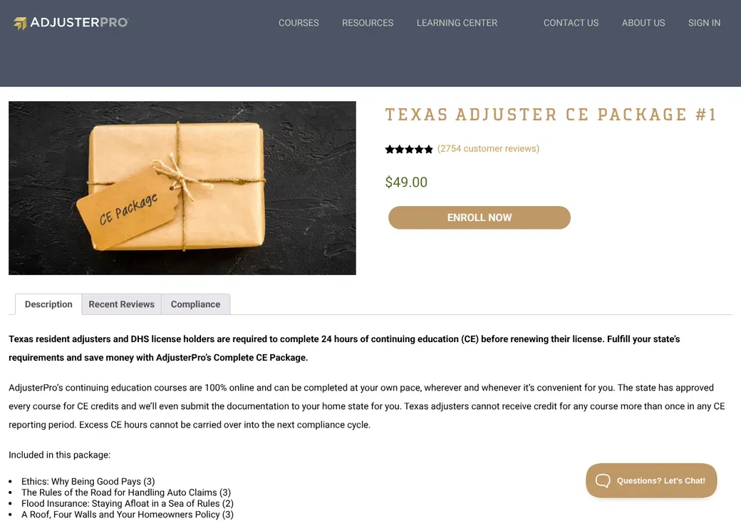 Screenshot of AdjusterPro's product page at adjusterpro.com