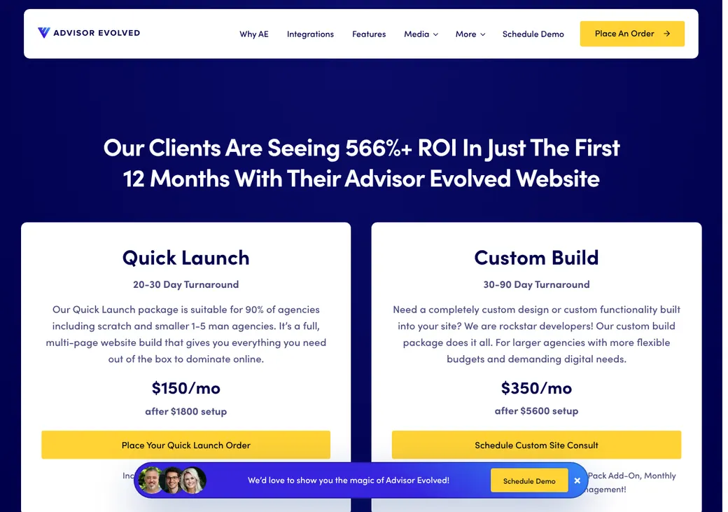 Screenshot of Advisor Evolved's pricing page at advisorevolved.com