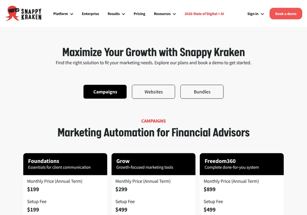 Screenshot of Advisor Websites' pricing page at snappykraken.com
