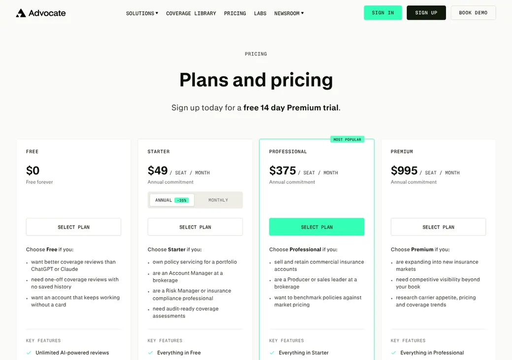 Screenshot of Advocate's pricing page at advocate.app