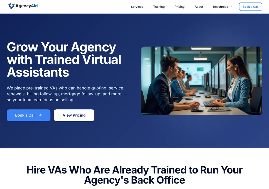 Screenshot of Agency Aid's home page at agencyaid.com