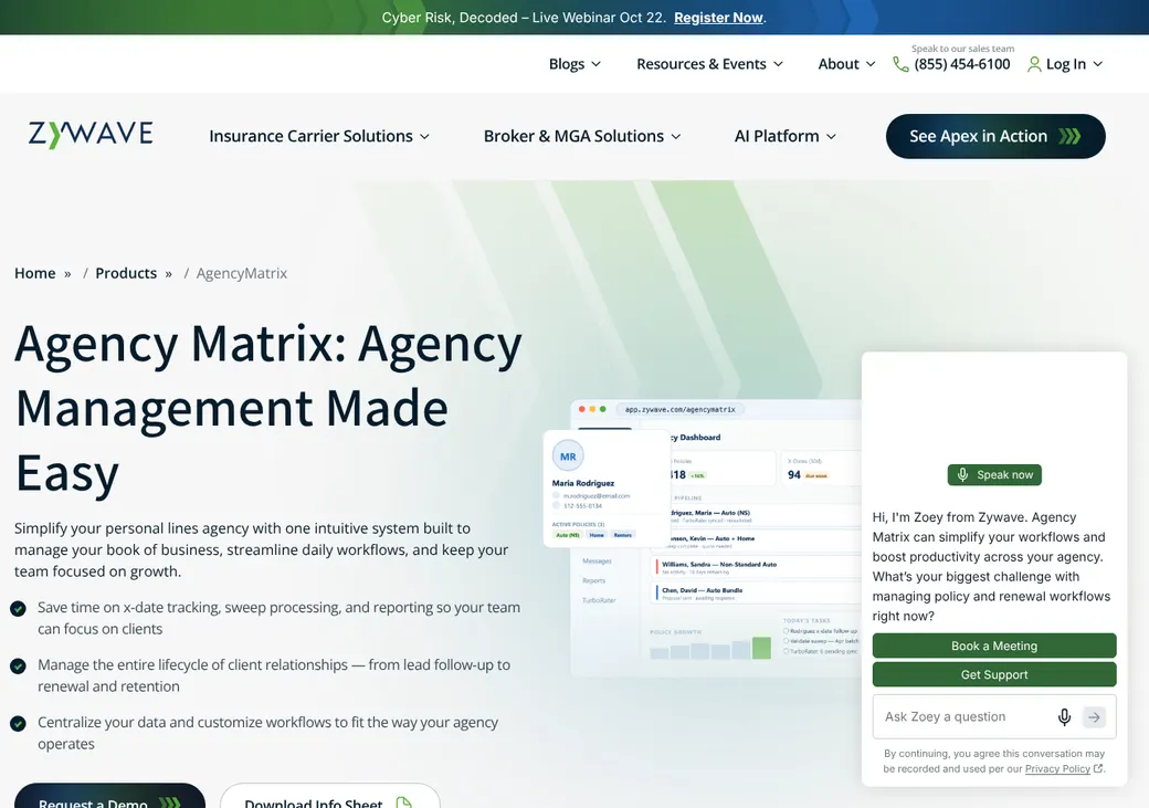 Screenshot of Agency Matrix's product page at zywave.com