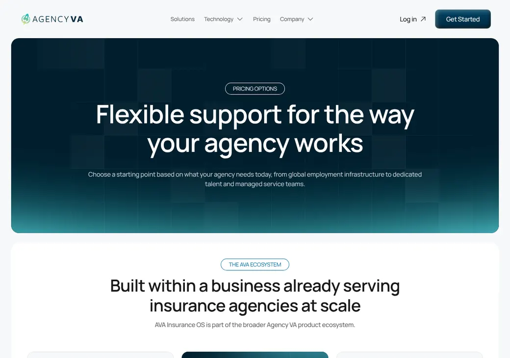 Screenshot of Agency VA's pricing page at agencyva.com