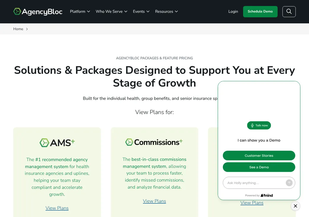 Screenshot of AgencyBloc Quote+'s pricing page at agencybloc.com
