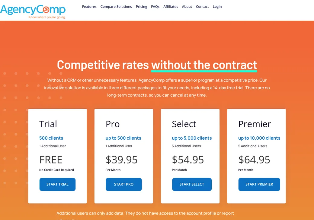 Screenshot of AgencyComp's pricing page at agencycomp.com