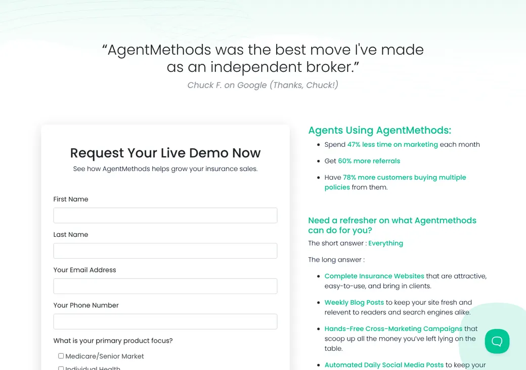 Screenshot of AgentMethods' pricing page at agentmethods.com