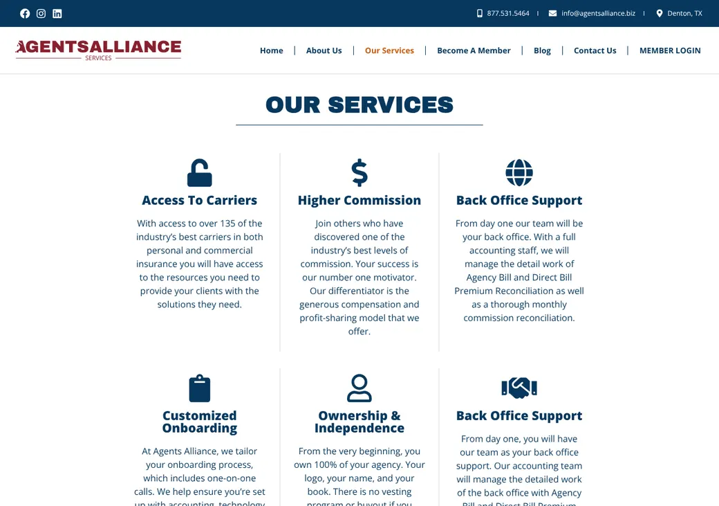 Screenshot of Agents Alliance Services' product page at agentsalliance.insure