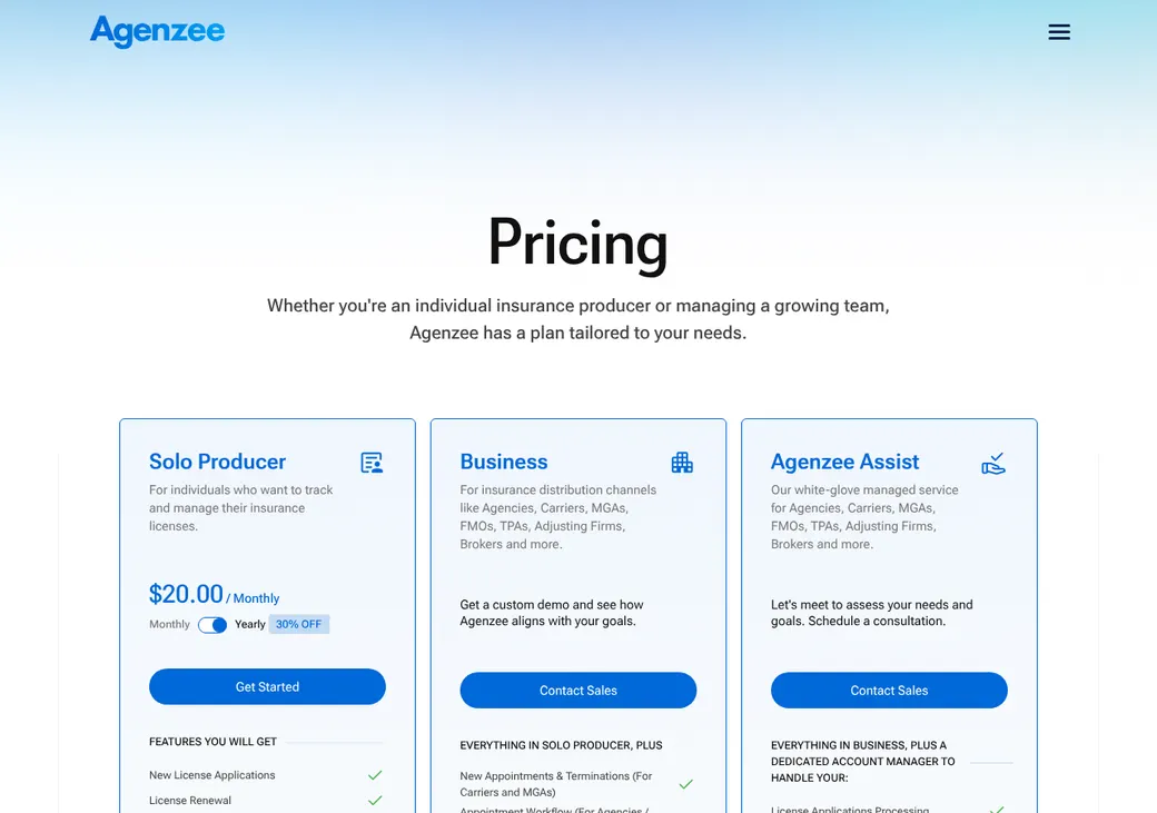 Screenshot of Agenzee's pricing page at agenzee.com