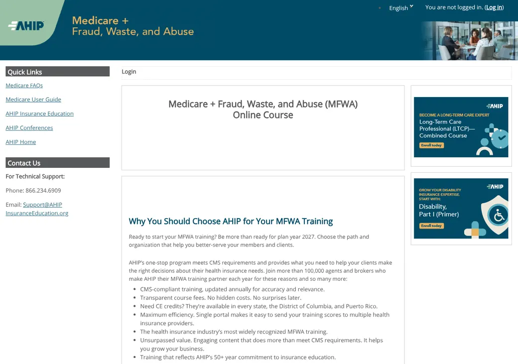 Screenshot of AHIP Medicare Training's home page at ahipmedicaretraining.com
