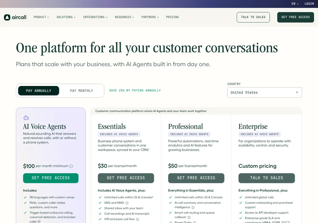 Screenshot of Aircall's pricing page at aircall.io