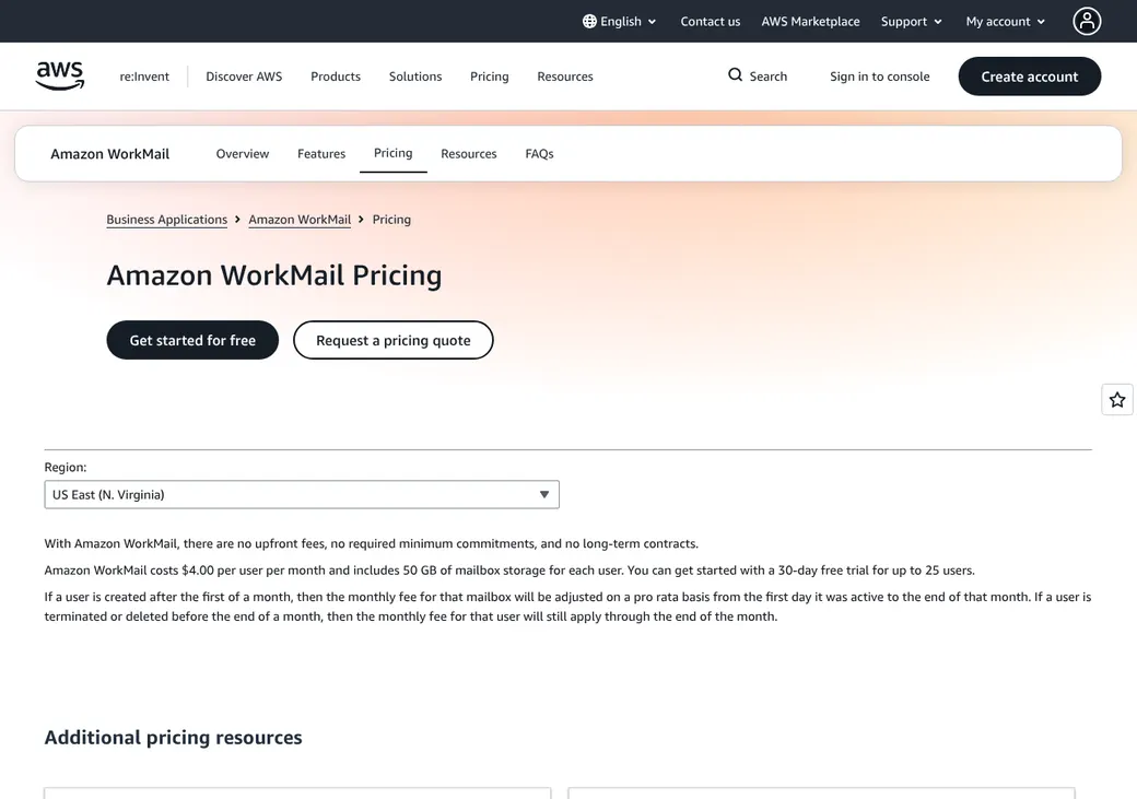 Screenshot of Amazon WorkMail's pricing page at aws.amazon.com