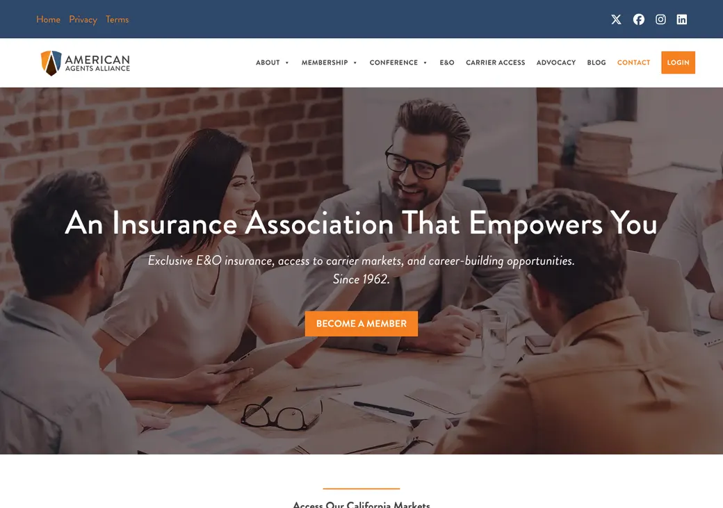 Screenshot of American Agents Alliance E&O's home page at agentsalliance.com