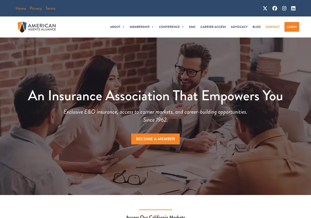 Screenshot of American Agents Alliance's home page at agentsalliance.com