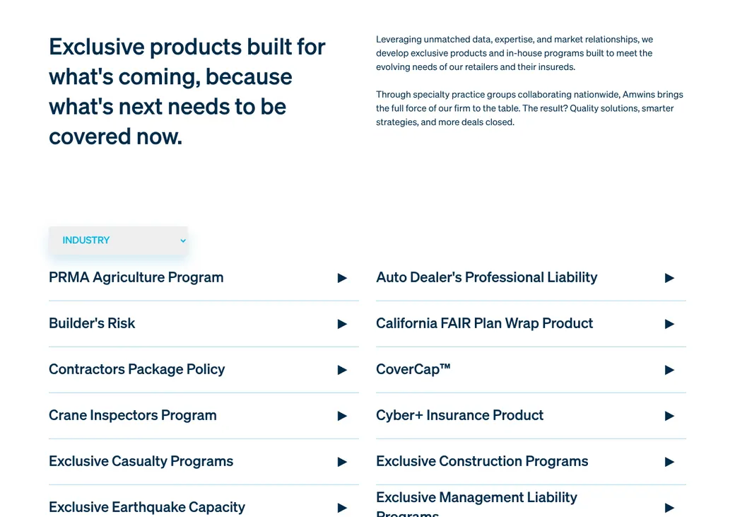 Screenshot of Amwins' product page at amwins.com