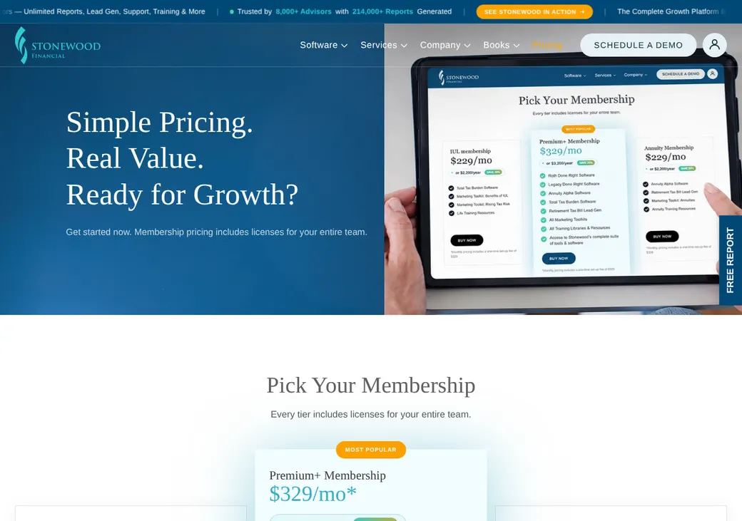 Screenshot of Annuity Alpha's pricing page at stonewoodfinancial.com